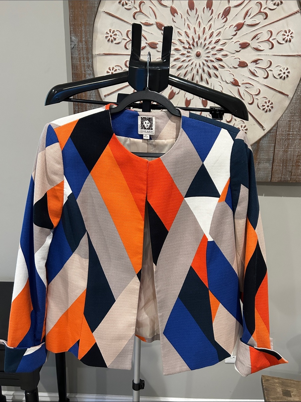 Anne Klein Geometric Open-Front Blazer in Orange, Blue, Beige Size 10